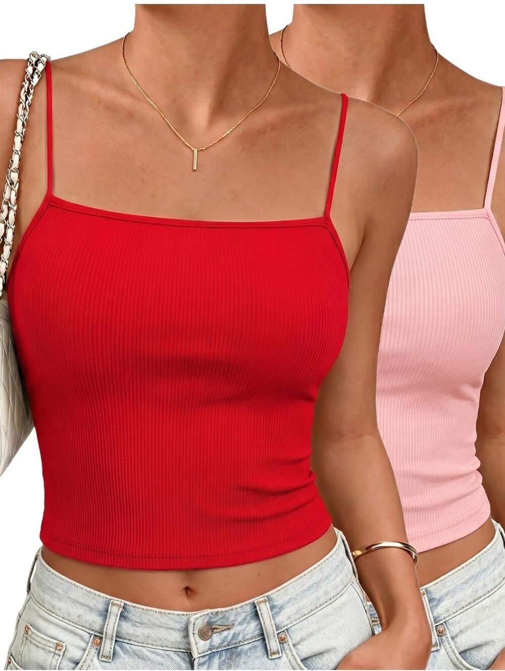 2 Spaghetti Strap Ribbed Crop Tops- Red & Light Pink, Large